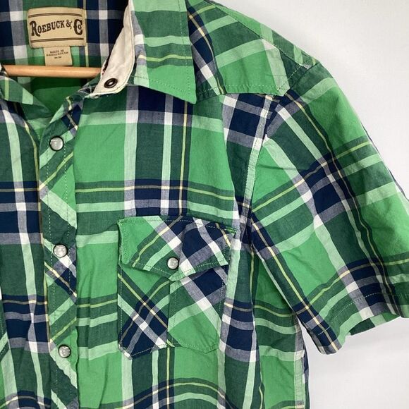 Men's Roebuck & Co. Short Sleeved Pearl Snap 100% Cotton plaid Shirt Green Sears - Picture 3 of 7